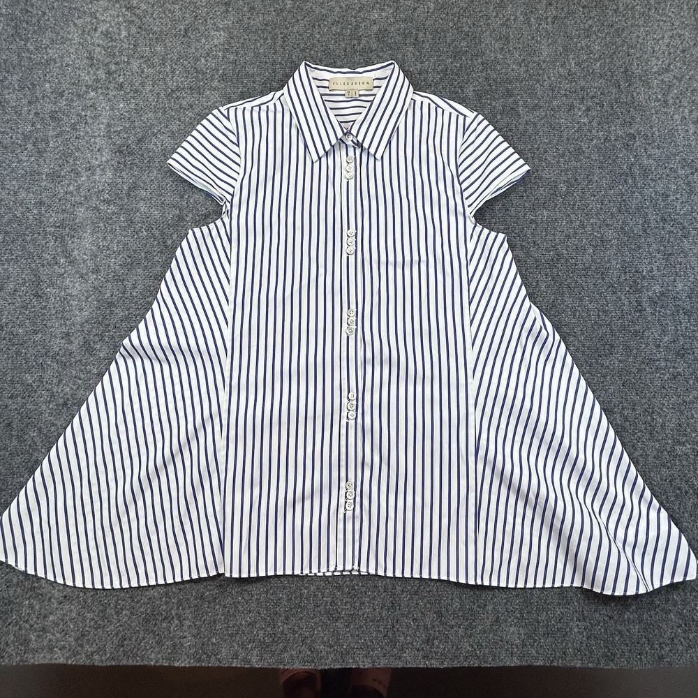Elle Sasson 4 36 Blue White 100% Cotton Striped Button Down Shirt Top Asymmetric